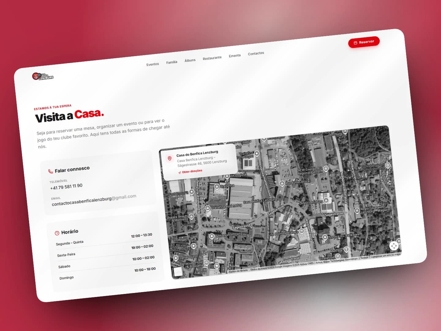 Contact page mockup from Casa Benfica Lenzburg